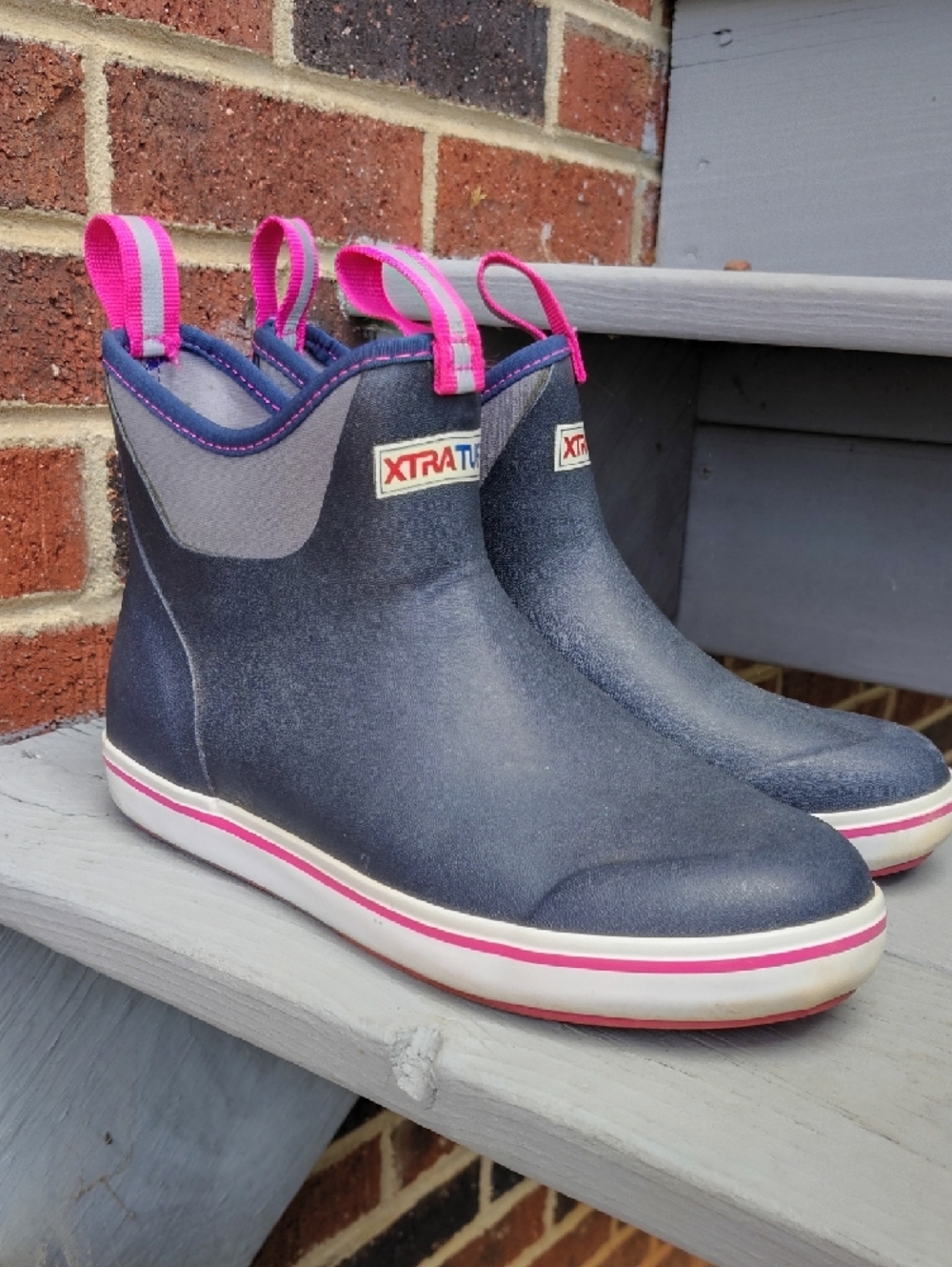 XTRATUF Women's Navy and Pink Short Rain Boots - Slip-On Waterproof - Picture 3 of 6